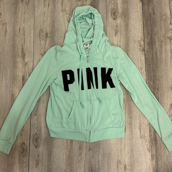 PINK Victoria's Secret Tops - PINK by Victoria Secret green zip up hooded sweatshirt women’s size medium
